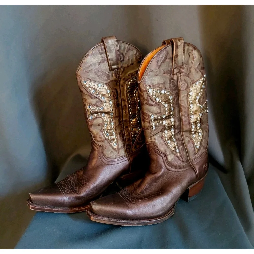 Frye Daisy Duke Cowboy Bronze Leather Mid Calf Embellished Boots Size 7.5 M - Picture 1 of 10